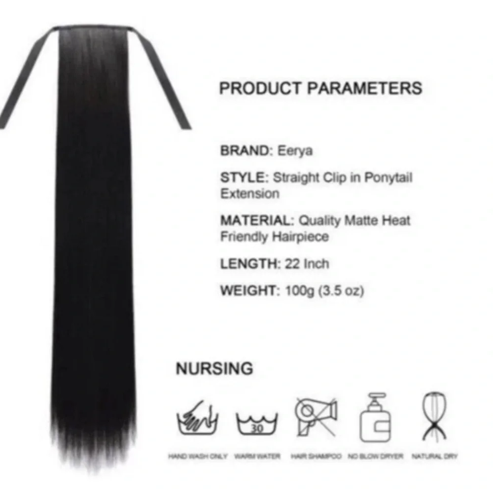 High Wrap Around Ponytail Extension Long Straight Black Hair Piece 22” Color #1B